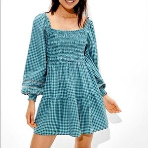 AE Teal Long-sleeve Smocked Plaid Mini Dress